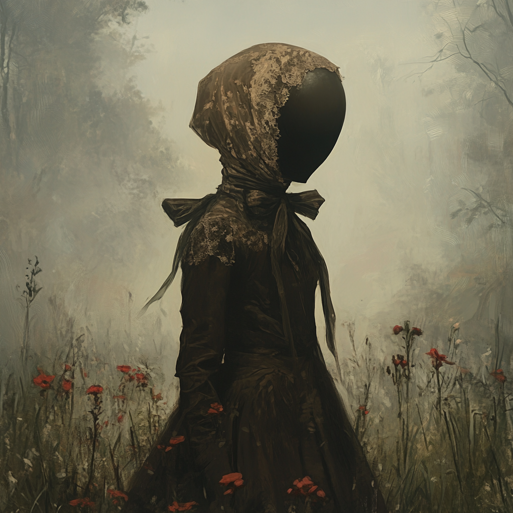 AI generated Mysterious Faceless Figure in Overgrown Field